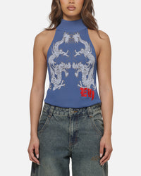 Ed Hardy Women's Dragon Knitted Top Washed Blue
