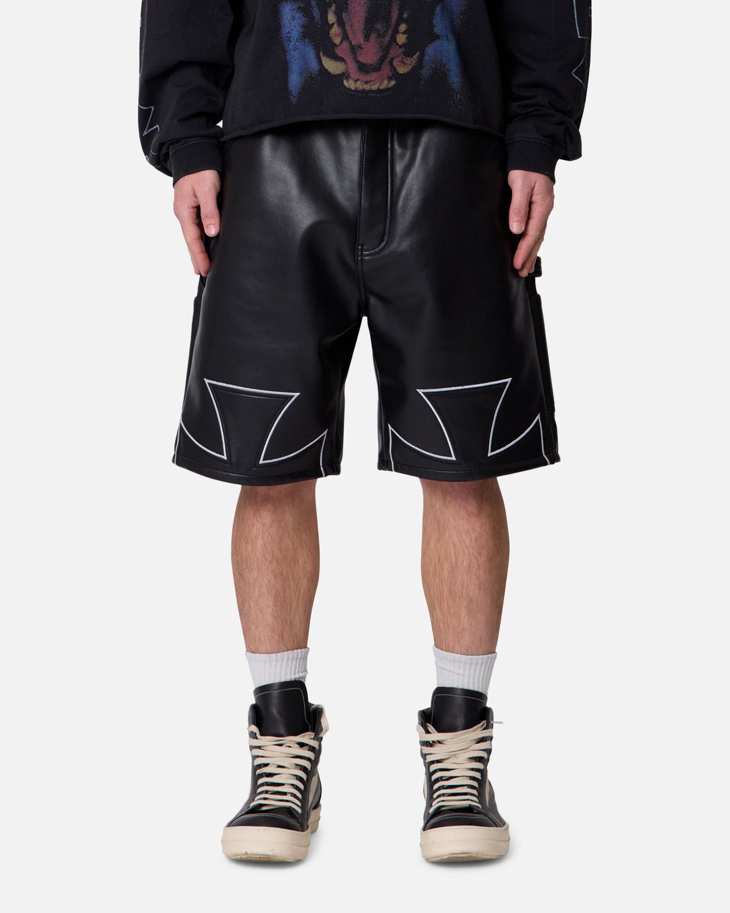 MNML Ultra Baggy Iron Cross Leather Shorts Black | Culture Kings US