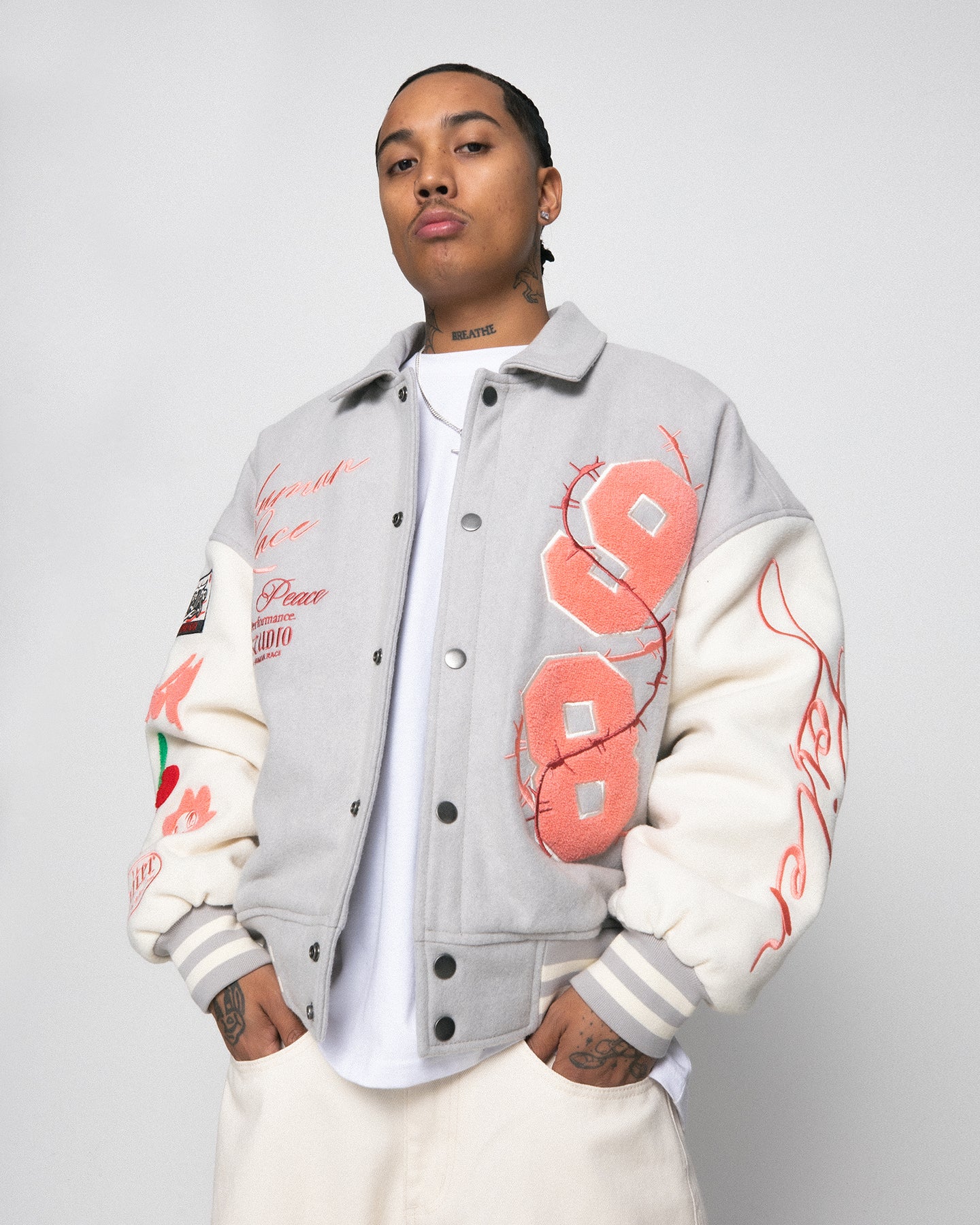 Loiter Flower Varsity Jacket Light Grey/Off White | Culture Kings US