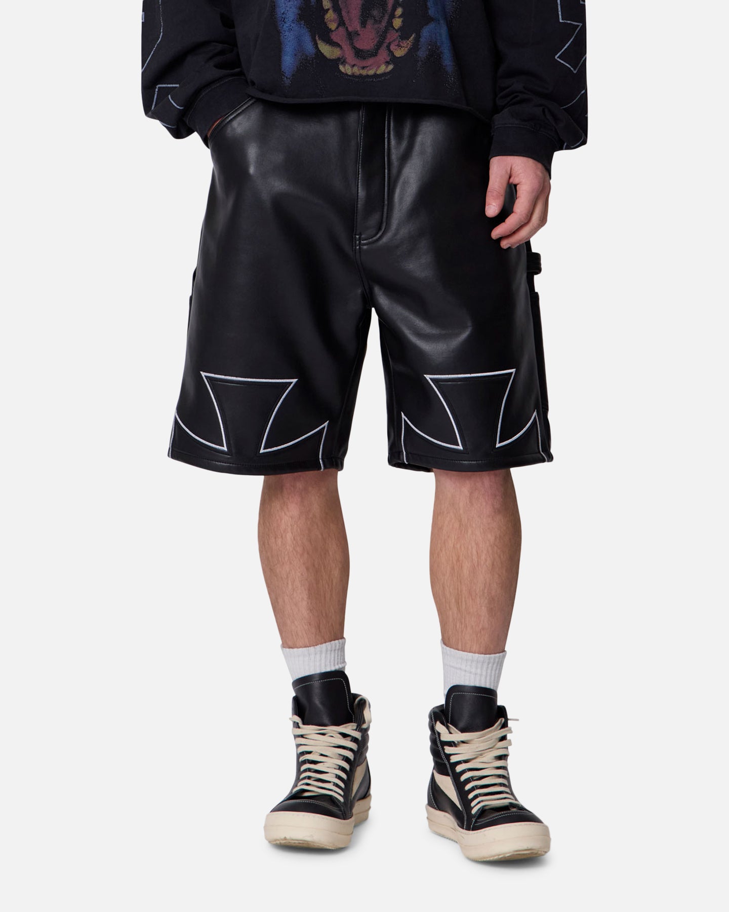 MNML Ultra Baggy Iron Cross Leather Shorts Black | Culture Kings US