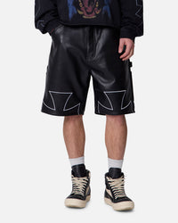 MNML Ultra Baggy Iron Cross Leather Shorts Black