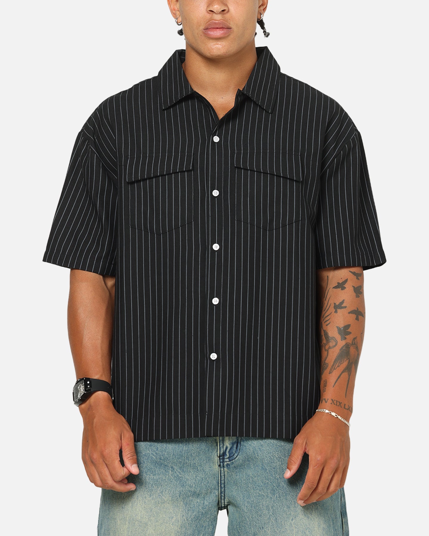 Saint Morta Gothic Pinstripe Button Up Shirt Jet Black | Culture
