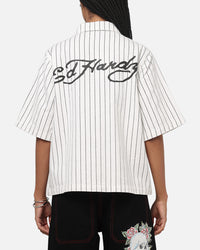 Ed Hardy Euro Short Sleeve Button Up Shirt White Pinstripe