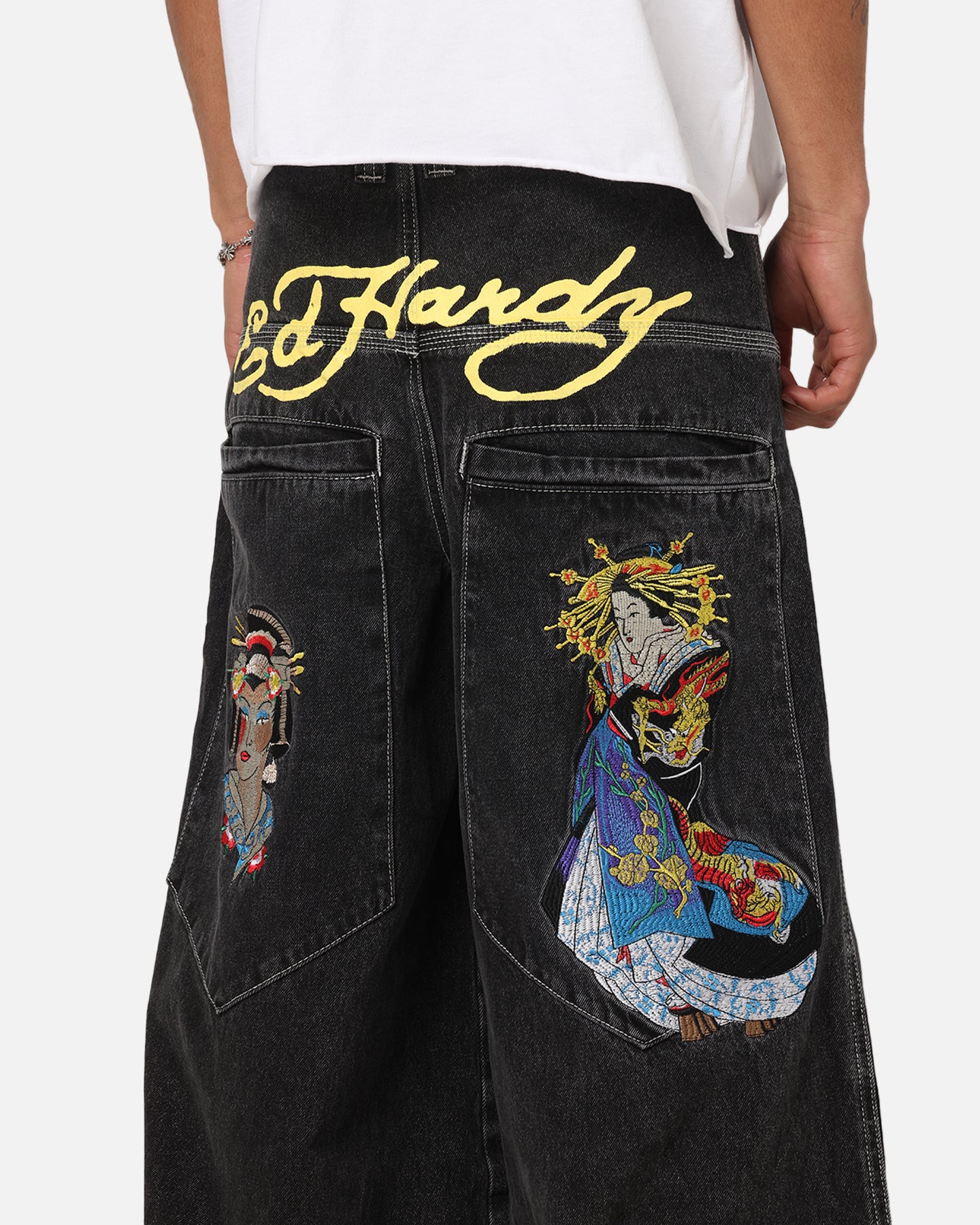 Ed Hardy Ultra Wide Leg Denim Jeans Black/Yellow | Culture Kings US