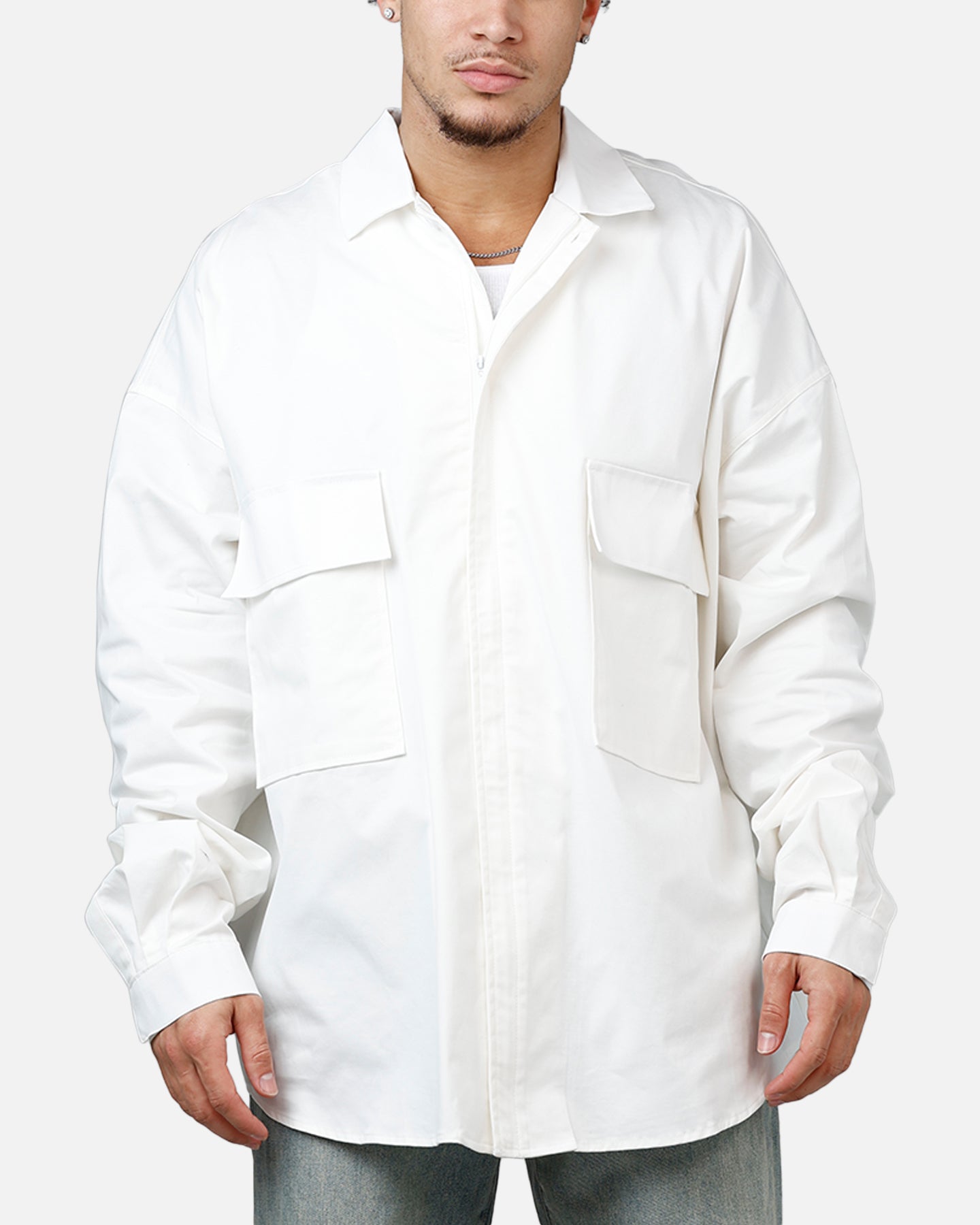 MNML Oversized Cotton Button Up Shirt White | Culture Kings US