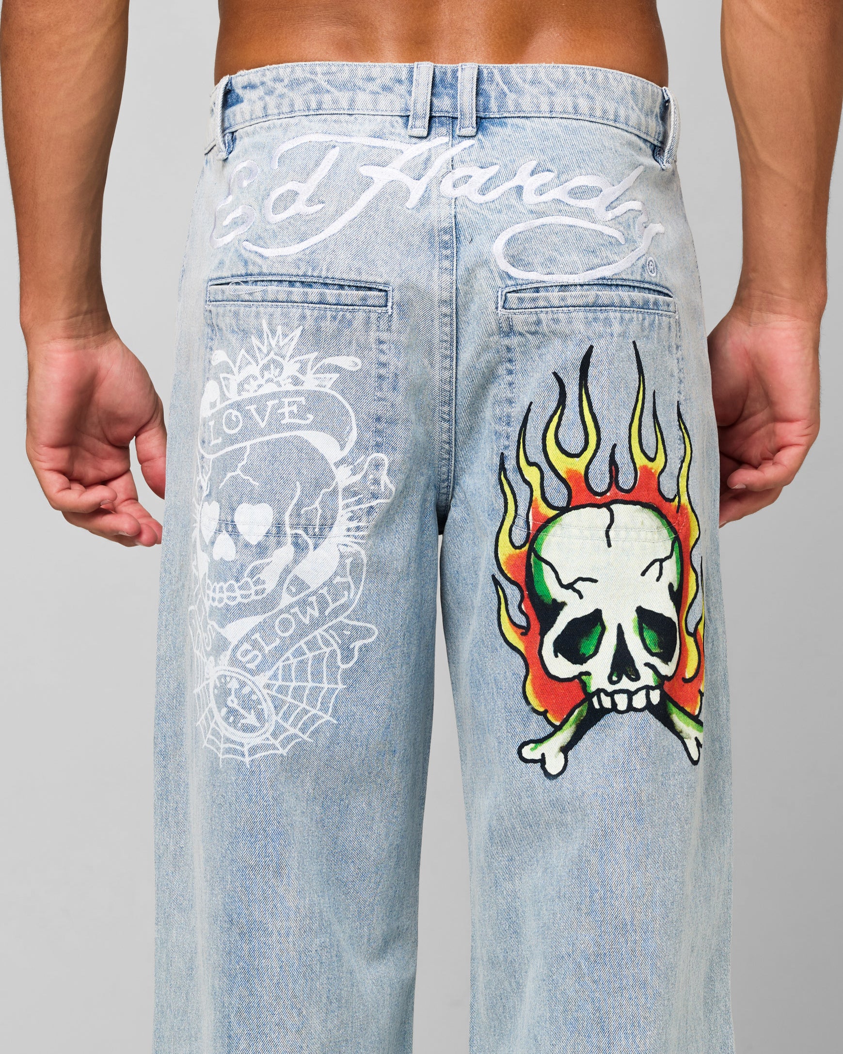 Ed Hardy Wide Leg Skull Jeans Light Blue | Culture Kings US