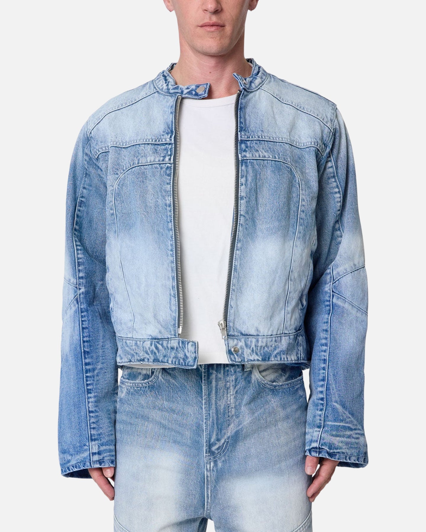 ジャケット・アウター NO MASS PROD 008GLM WAXED DENIM JACKET MNML Panelled Moto Denim Jacket Washed Blue | Culture Kings US
