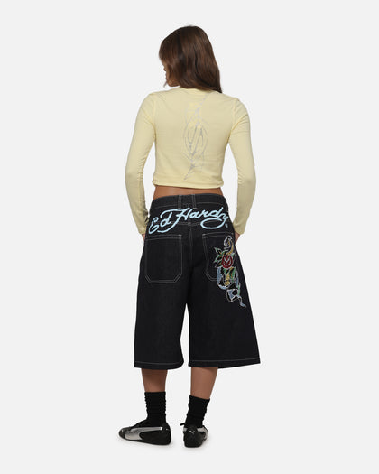 Ed Hardy Women's Cyber Rhinestone Long Sleeve T-Shirt Butter Yellow