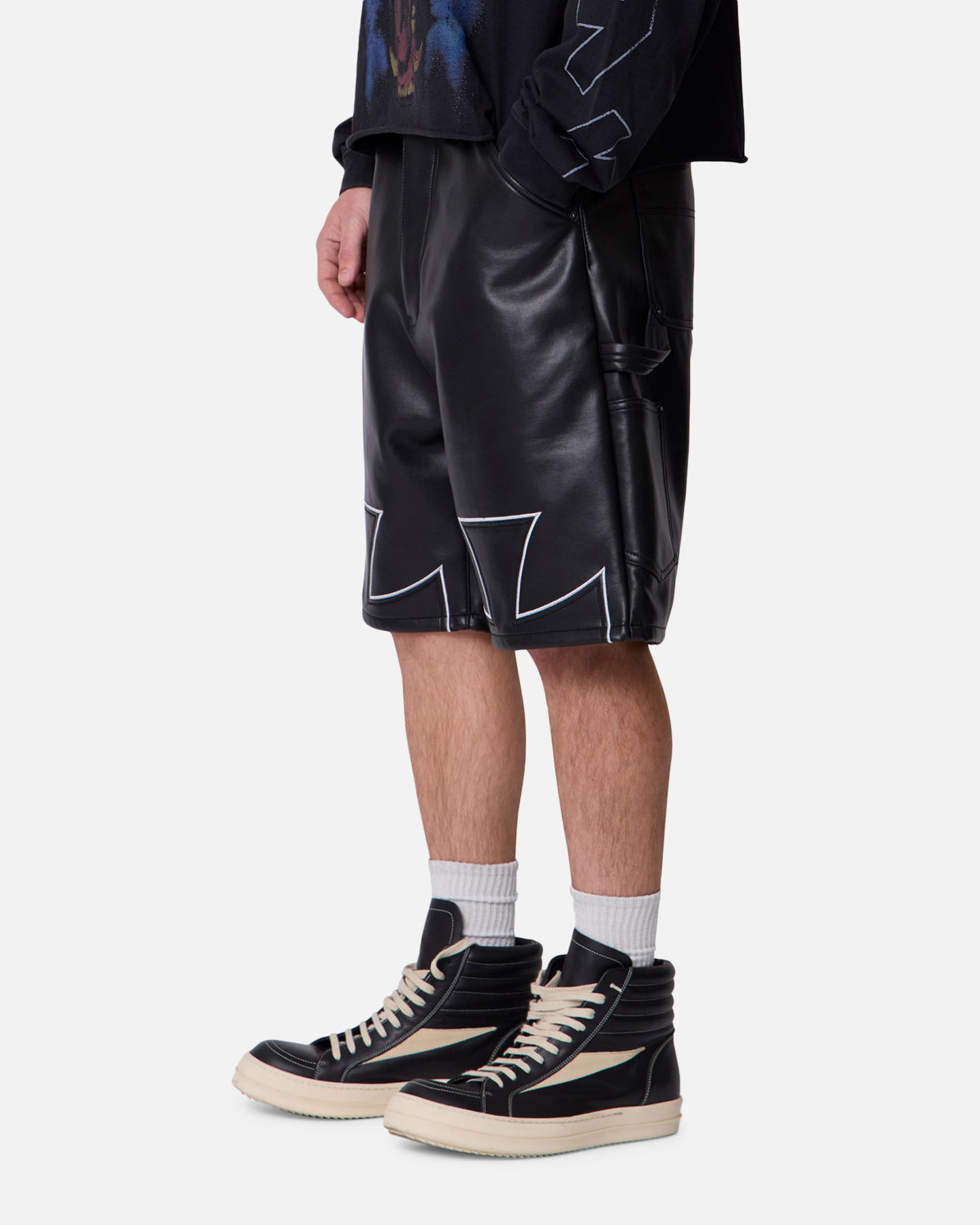 MNML Ultra Baggy Iron Cross Leather Shorts Black | Culture Kings US