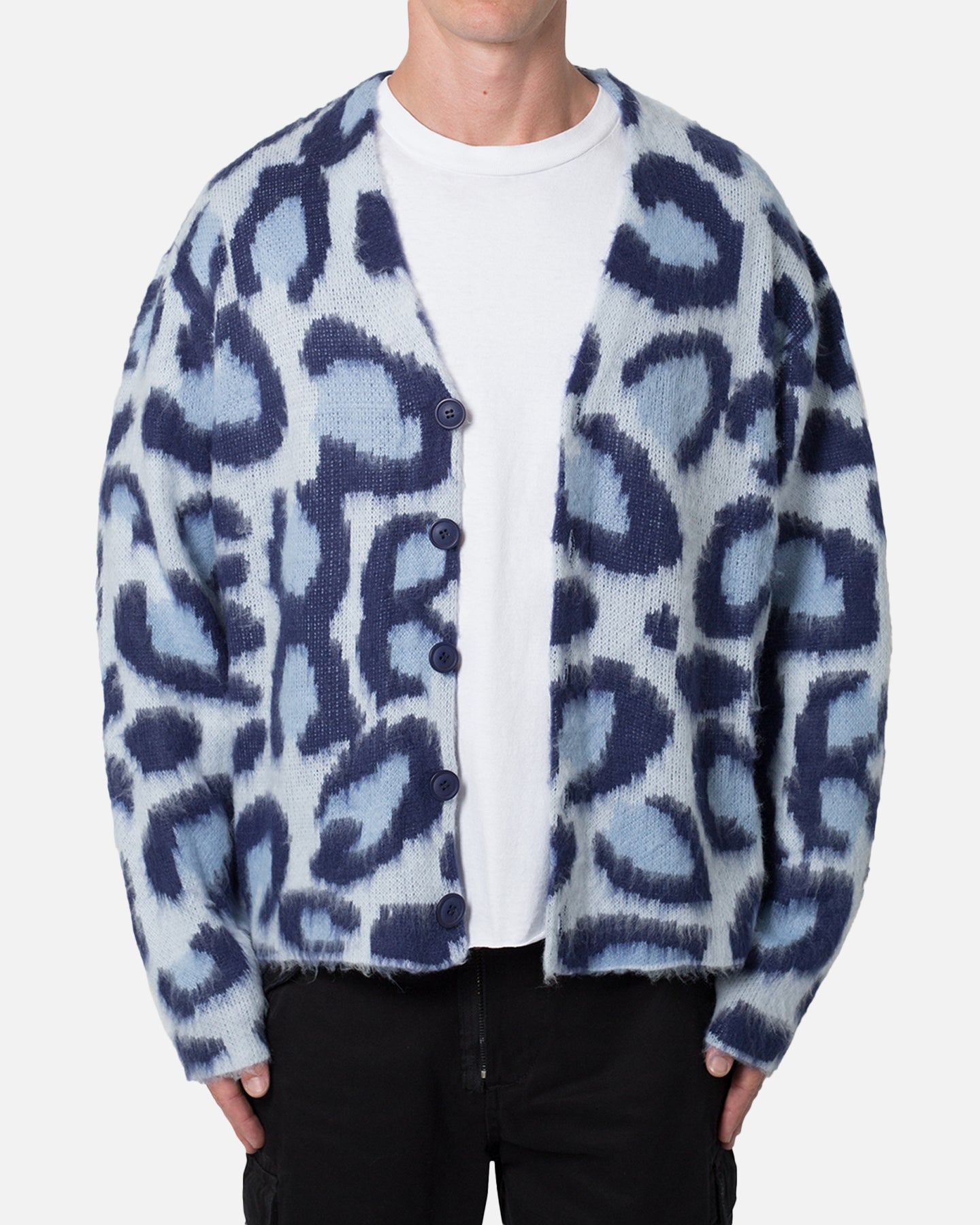 MNML Mohair Leopard Cardigan Sweater Blue | Culture Kings US