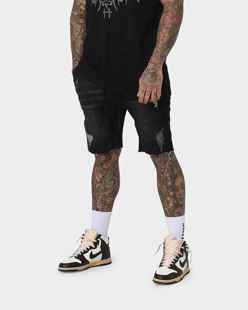 Saint Morta United Distressed Biker Shorts Black Stonewash