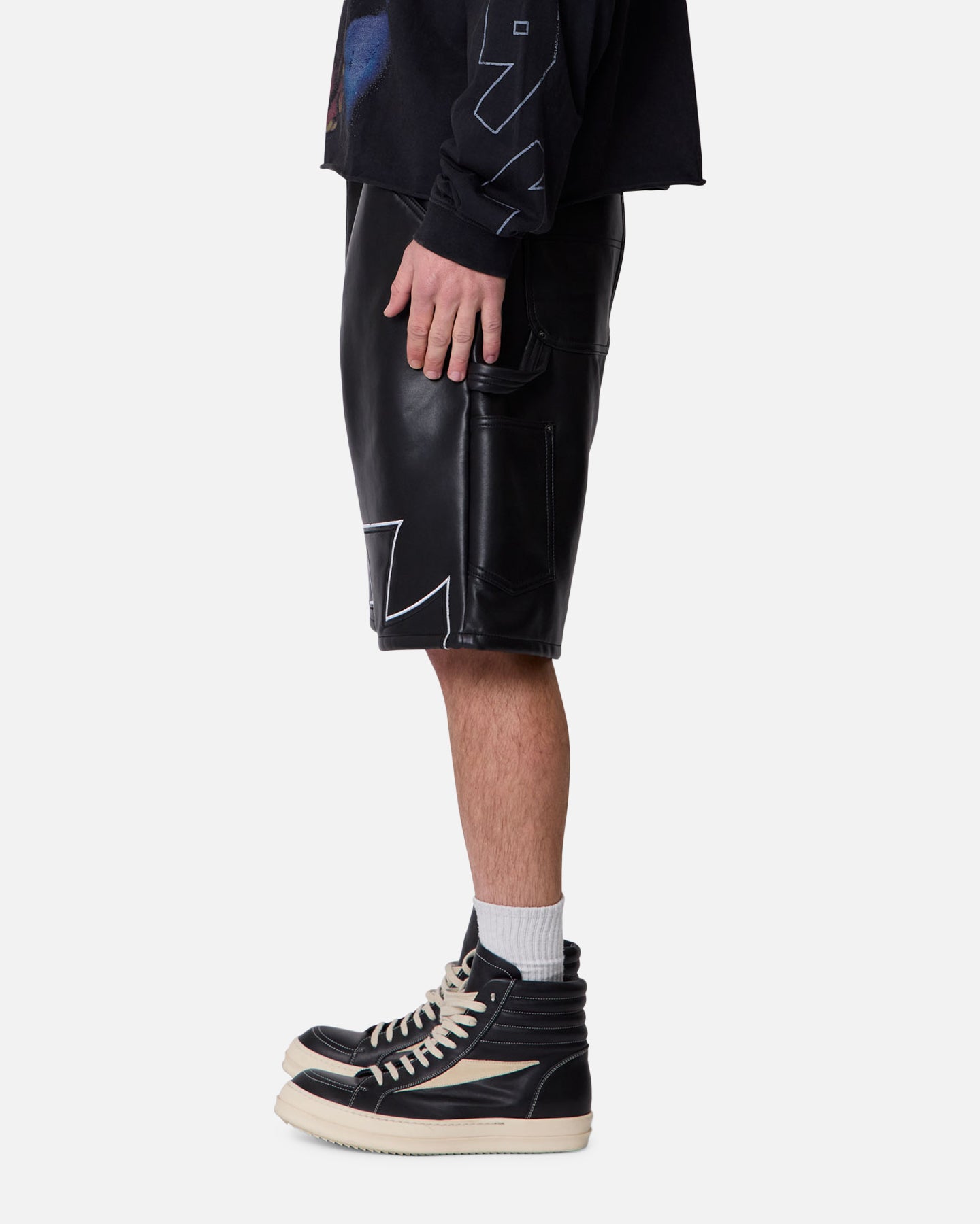 MNML Ultra Baggy Iron Cross Leather Shorts Black | Culture Kings US