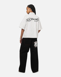 Ed Hardy Euro Short Sleeve Button Up Shirt White Pinstripe