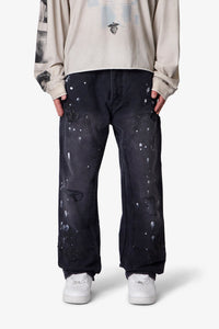 MNML Ultra Baggy Torn Fleur Double Knee Pants Washed Black