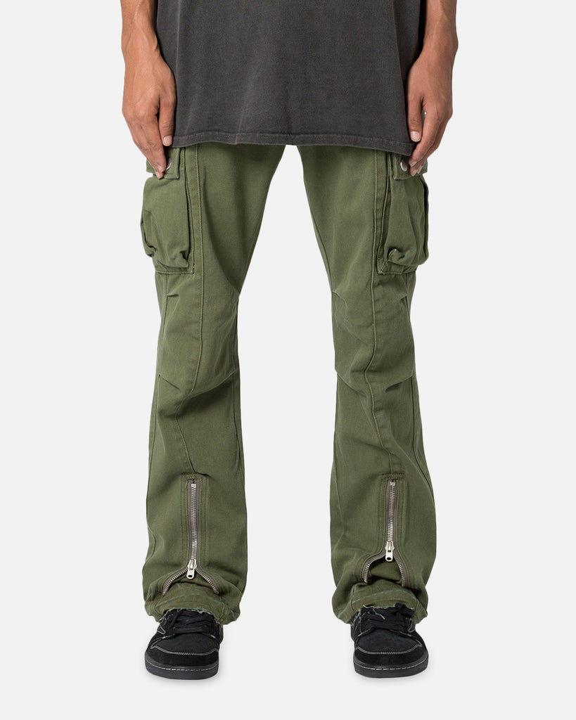 MNML Front Zip Flare Cargo Pants Olive | Culture Kings US