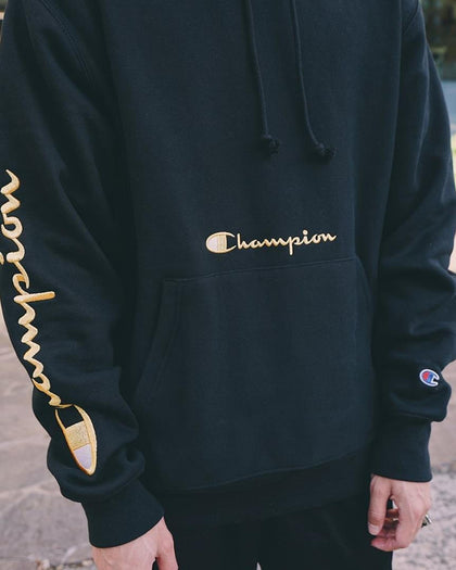 Champion Men's Reverse Weave Script Hood Black/Gold Culture Kings US