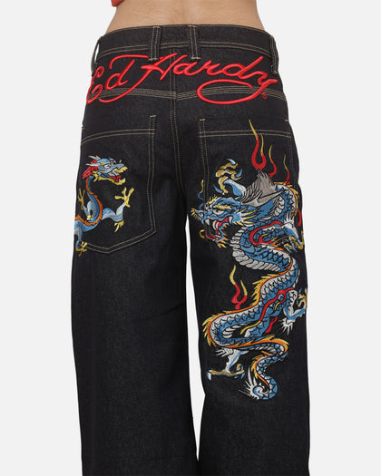 Ed Hardy Dragon Ultra Wide Leg Jeans Indigo Denim