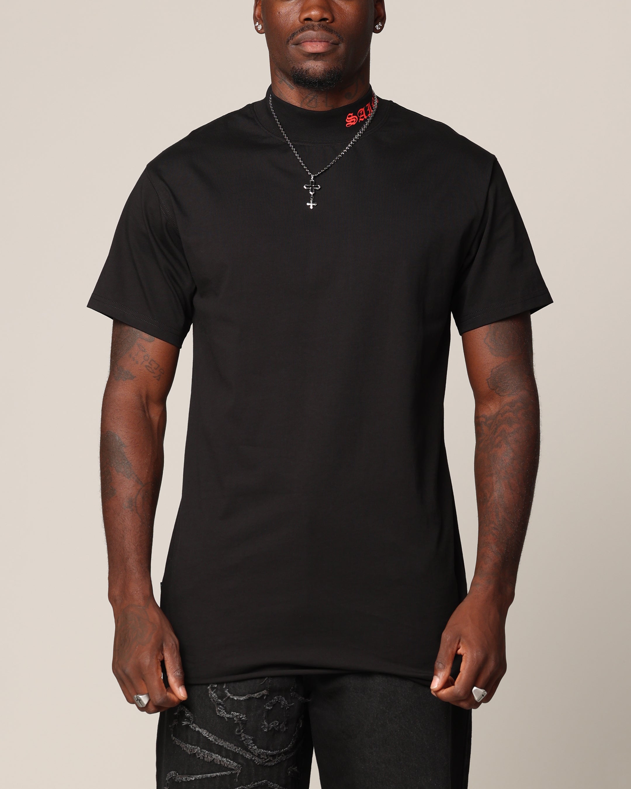 Saint Morta Old English Mock Neck T-Shirt Black/Red | Culture Kings US