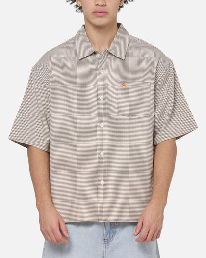Carre Grid Short Sleeve Button Up Shirt Ecru Check