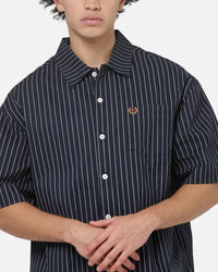 Carre Grid Short Sleeve Button Up Shirt Vintage Navy/Ecru Pinstripe