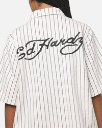 Ed Hardy Euro Short Sleeve Button Up Shirt White Pinstripe