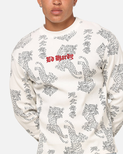 Ed Hardy Tiger Waffle Long Sleeve T-Shirt Off White