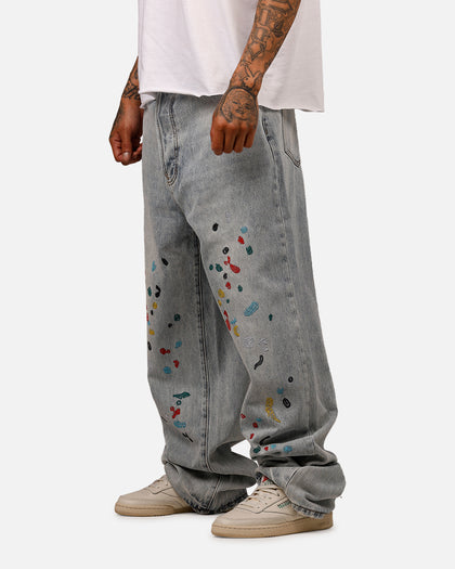 MNML Ultra Baggy Paint Splat Denim Jeans Light Blue