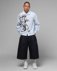 Loiter x Yu-Gi-Oh! Blue Eyes Button Up Shirt Blue Stripe