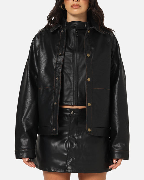 Ed Hardy Women's Vegan Leather Bomber Jacket Black