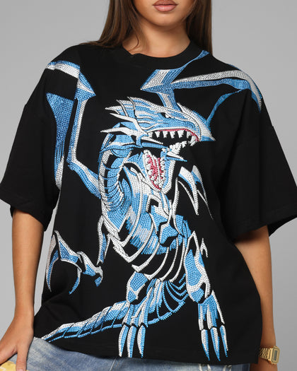 Loiter X Yu-Gi-Oh! Blue Eyes White Dragon Rhinestone T-Shirt Black