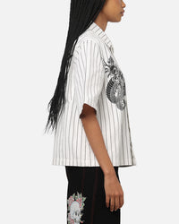 Ed Hardy Euro Short Sleeve Button Up Shirt White Pinstripe
