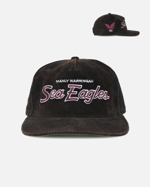 New Era Manly Warringah Sea Eagles 'NRL Golfer Washed Black' Pre-Curved Corduroy Golfer Snapback Washed Black