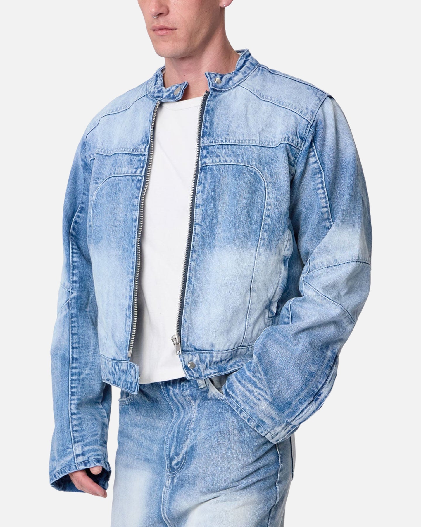 MNML Panelled Moto Denim Jacket Washed Blue | Culture Kings US