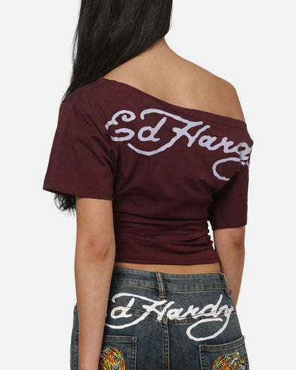 Ed Hardy Women's Off Shoulder T-Shirt Plum