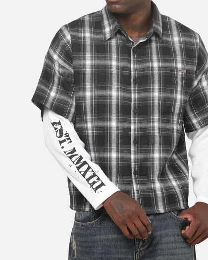 Saint Morta Dark Romance Layered Long Sleeve Button Up Shirt Black/White