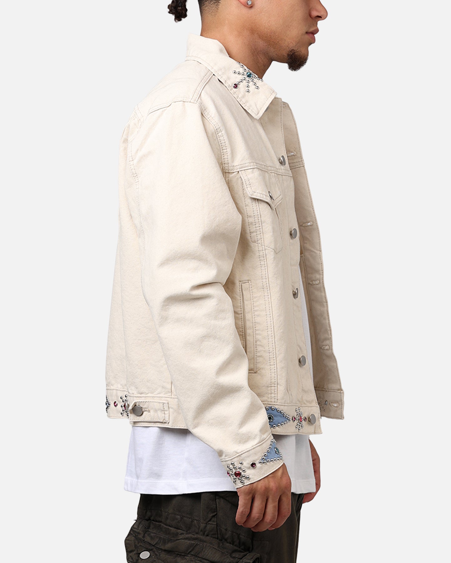 MNML Jewel Studded Trucker Jacket White | Culture Kings US