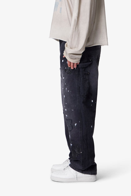 MNML Ultra Baggy Torn Fleur Double Knee Pants Washed Black