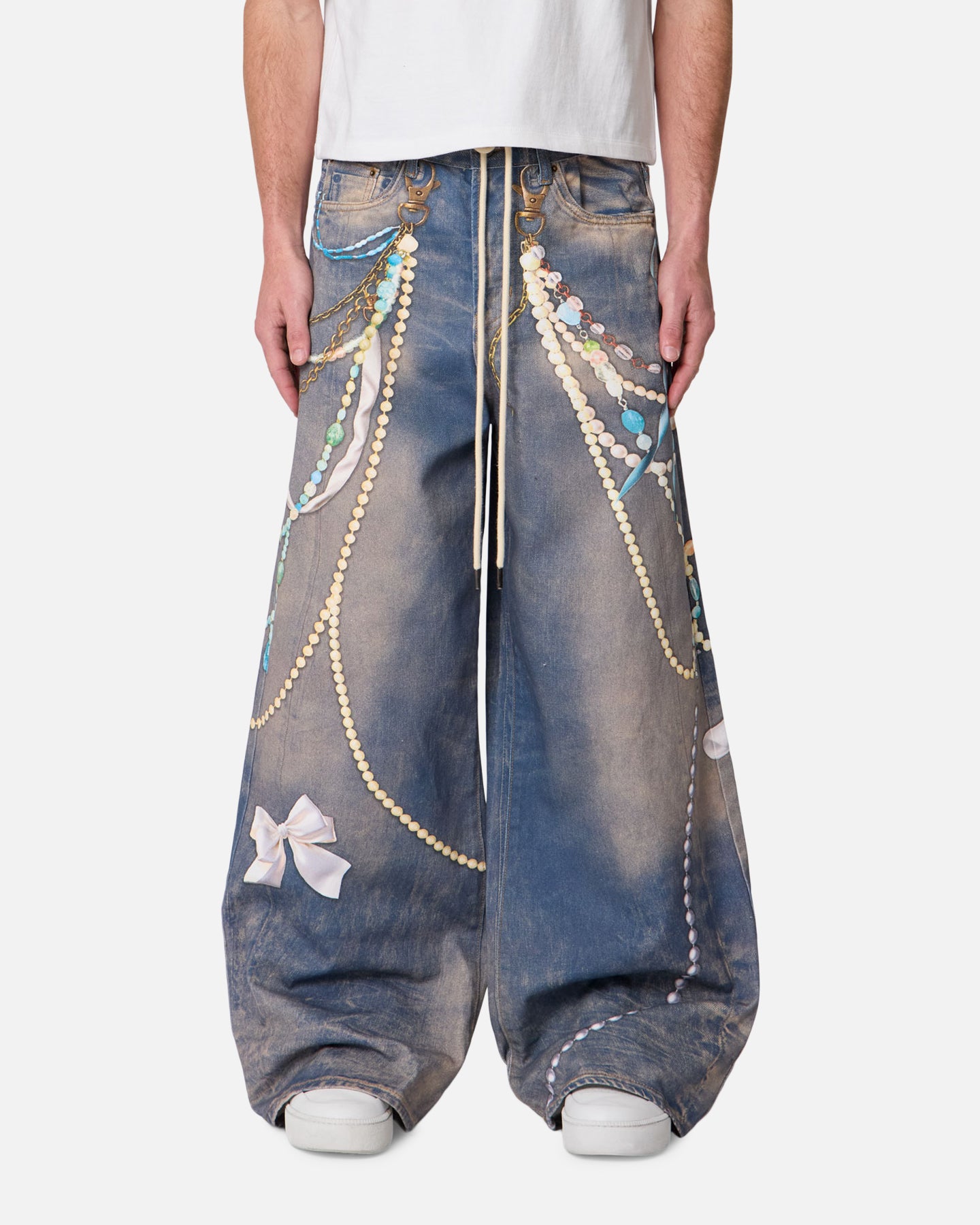 パンツ Washed Denim Wide Pants Graphic Print MNML Rave Chain Printed Denim Jeans Washed Blue | Culture Kings US