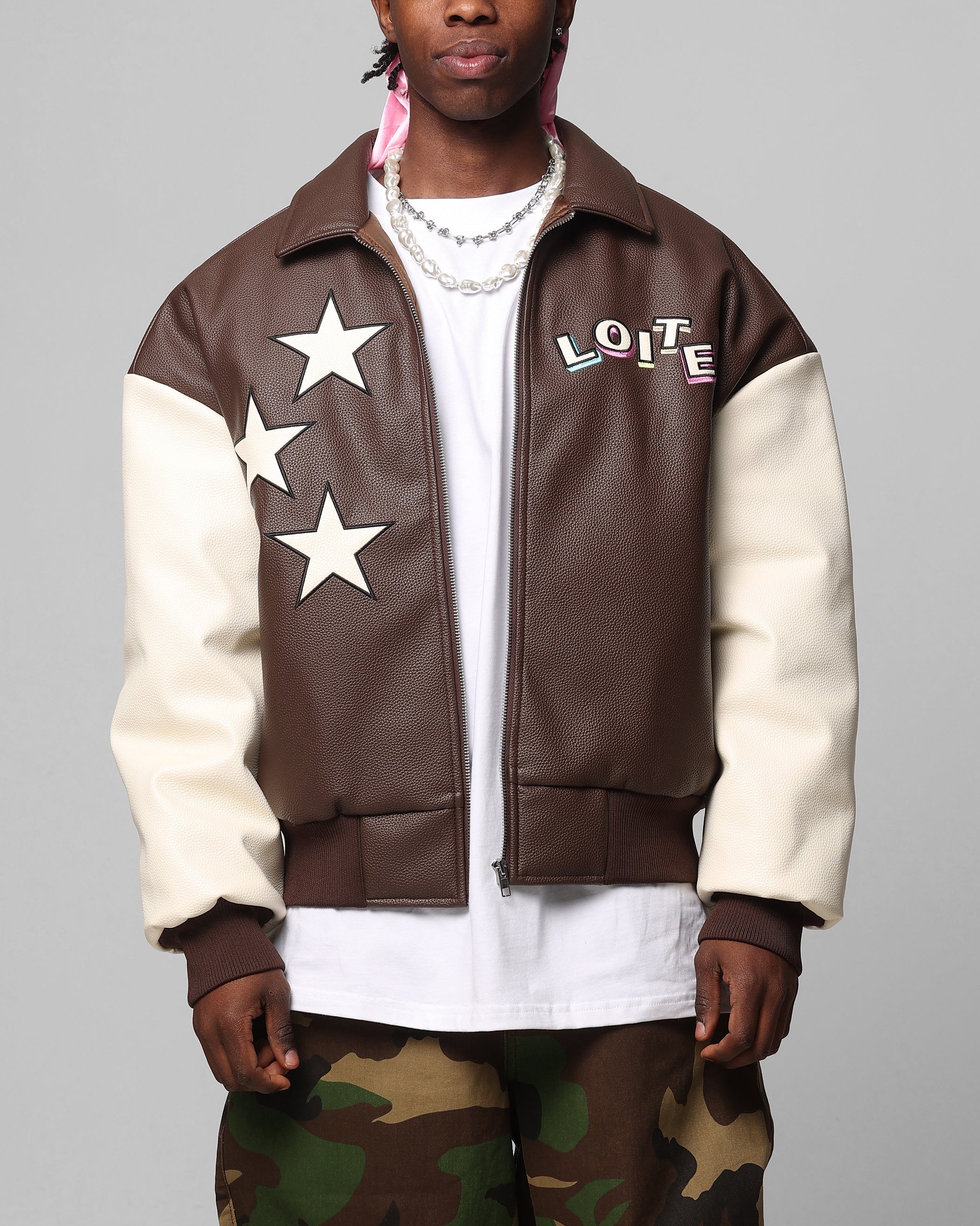 Loiter Solar Vegan Leather Varsity Jacket Brown/Beige | Culture