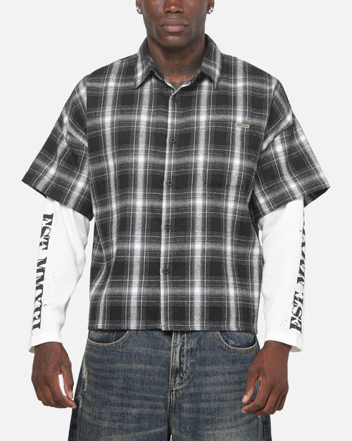 Saint Morta Dark Romance Layered Long Sleeve Button Up Shirt Black/White