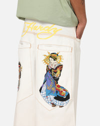 Ed Hardy Ultra Wide Leg Denim Jeans Off White/Yellow