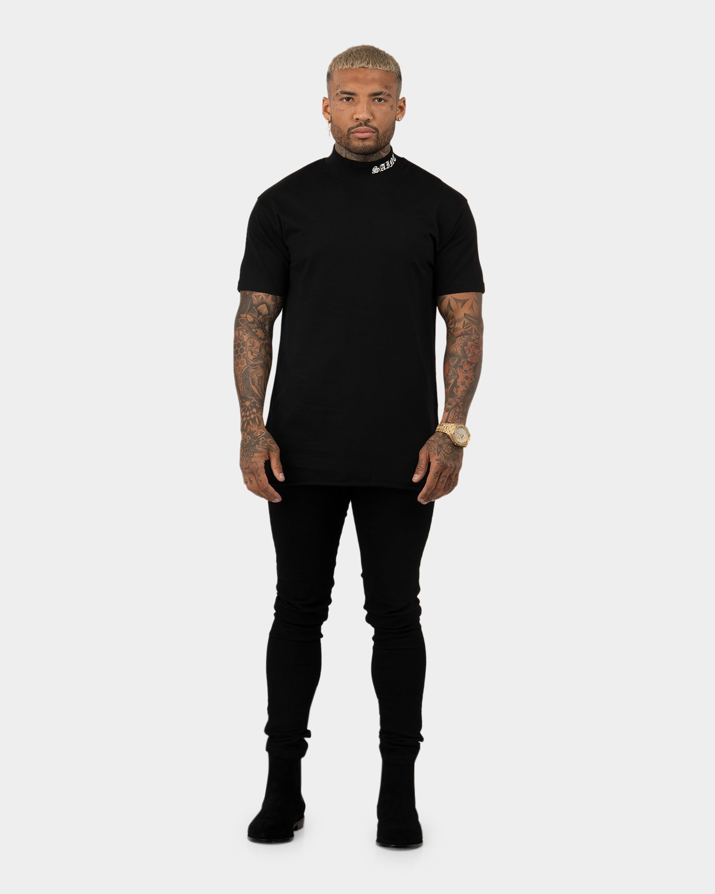 Saint Morta Old English Mock Neck T-Shirt Black/White | Culture