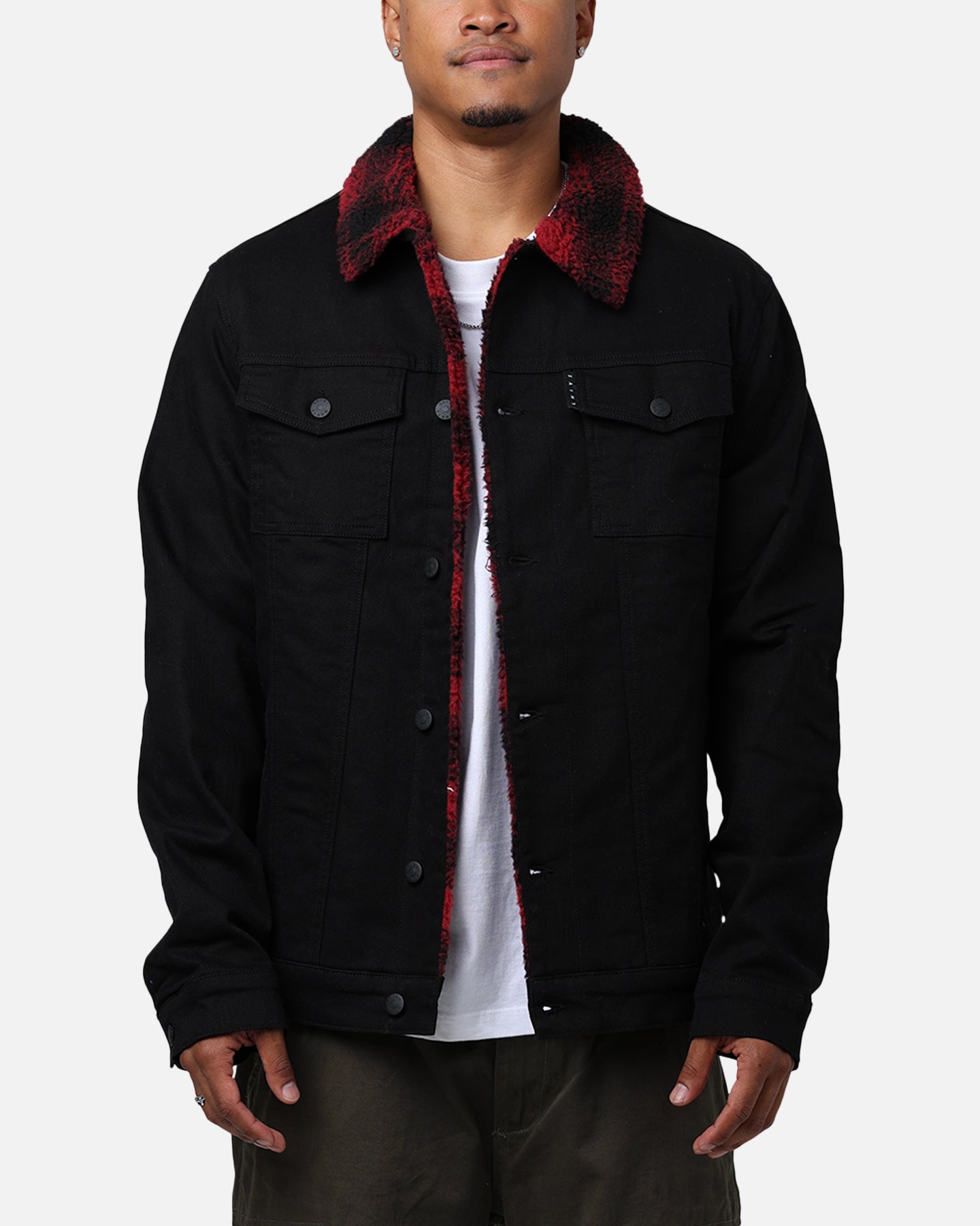 Saint Morta Men's Tartan Sherpa Denim Jacket Black/Red | Culture