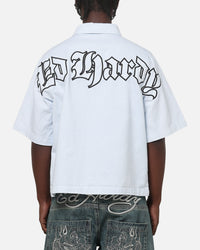 Ed Hardy Ghost Tattoo Button Up Shirt Blue Pinstripe