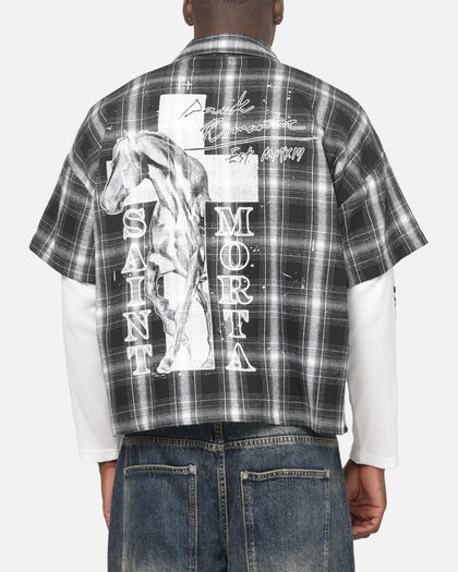 Saint Morta Dark Romance Layered Long Sleeve Button Up Shirt Black/White