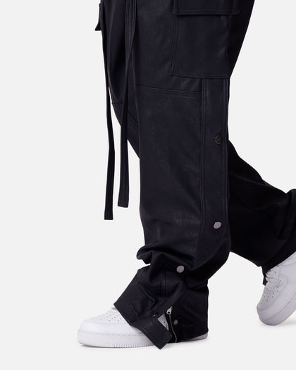 MNML Straight Leather Snap Zipper Cargo Pants Black