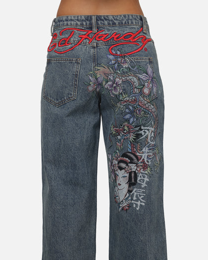 Ed Hardy Women's Death Before Dishonour Jeans Blue Mid Wash