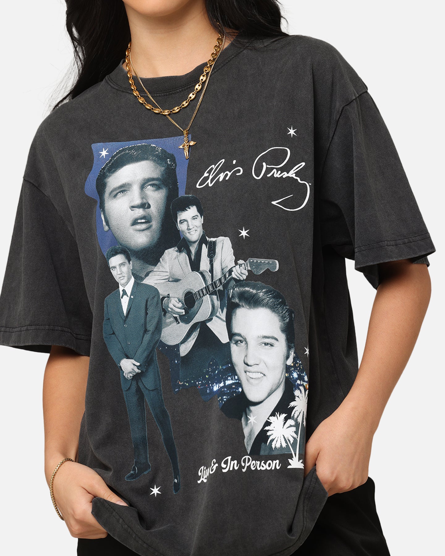 ELVIS VS JXL プリントTシャツ ブラック ID Supply Elvis Presley Live In LA T-Shirt Washed Black | Culture