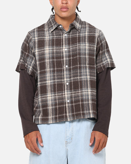 Saint Morta Plaid Layered Long Sleeve Button Up Shirt Brown