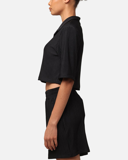 XXIII Women's Cropped Pleated Button Up Shirt Black
